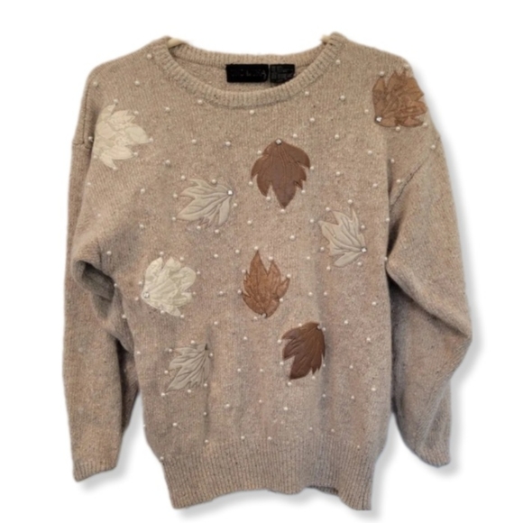 UNO & UNA Vintage Sweater Tan Silk Angora Wool Leather & Pearl Detail Si… - Picture 1 of 4